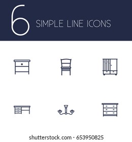 Set Of 6 Decor Outline Icons Set.Collection Of Chandelier, Chair, Desk Elements.