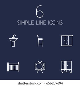 Set Of 6 Decor Outline Icons Set.Collection Of Crib, Tv Set, Closet And Other Elements.