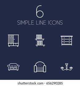 Set Of 6 Decor Outline Icons Set.Collection Of Drawer Unit, Hall Tree, Chandelier Elements.