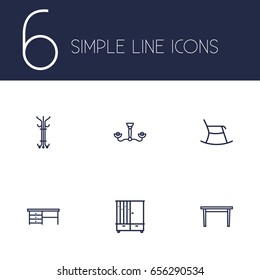 Set Of 6 Decor Outline Icons Set.Collection Of Desk, Moving Chair, Hanger And Other Elements.