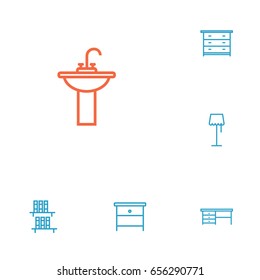 Set Of 6 Decor Outline Icons Set.Collection Of Drawer Unit, Floor Lapm, Nightstand Elements.