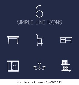 Set Of 6 Decor Outline Icons Set.Collection Of Desk, Closet, Bookshelf And Other Elements.
