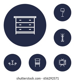 Set Of 6 Decor Outline Icons Set.Collection Of Floor Lapm, Chandelier, Chair Elements.