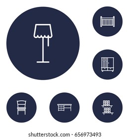 Set Of 6 Decor Outline Icons Set.Collection Of Hall Tree, Chair, Floor Lapm And Other Elements.
