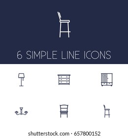 Set Of 6 Decor Outline Icons Set.Collection Of Hall Tree, Drawer Unit, Chandelier Elements.