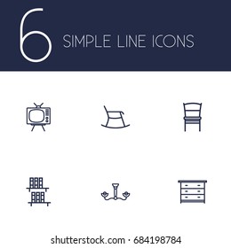 Set Of 6 Decor Outline Icons Set.Collection Of Tv Set , Chandelier, Bookshelf Elements.