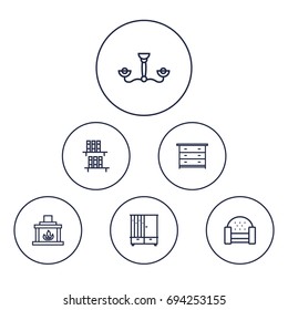 Set Of 6 Decor Outline Icons Set.Collection Of Sofa, Chandelier, Bookshelf Elements.