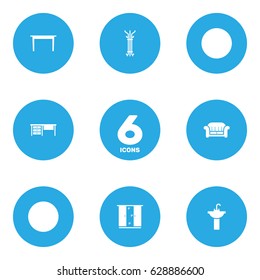 Set Of 6 Set; Decor; Situation Icons Set.Collection Of Coat Stand, Sink, Desk Elements.