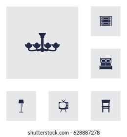 Set Of 6 Set; Decor; Situation Icons Set.Collection Of Stool, Commode, Bedroom And Other Elements.