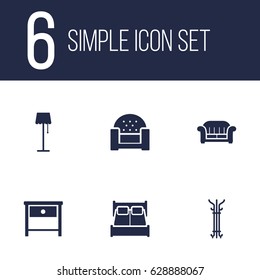 Set Of 6 Set; Decor; Situation Icons Set.Collection Of Sofa, Illuminator, Bedside Table And Other Elements.