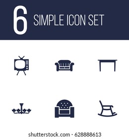 Set Of 6 Set; Decor; Situation Icons Set.Collection Of Luster, Couch, Rocking Furniture And Other Elements.