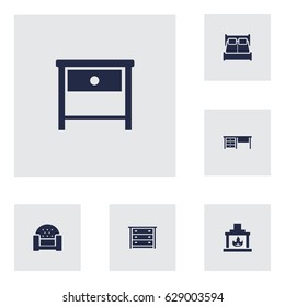 Set Of 6 Set; Decor; Situation Icons Set.Collection Of Sofa, Chimney, Commode And Other Elements.