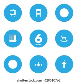 Set Of 6 Set; Decor; Situation Icons Set.Collection Of Rocking Furniture, Wardrobe, Television And Other Elements.