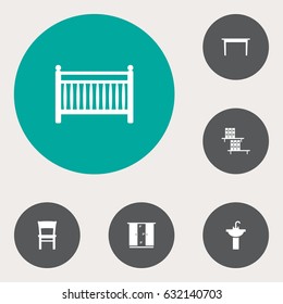 Set Of 6 Set; Decor; Situation Icons Set.Collection Of Bookcase, Stool, Cot And Other Elements.