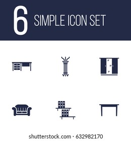 Set Of 6 Set; Decor; Situation Icons Set.Collection Of Desk, Bookcase, Couch And Other Elements.
