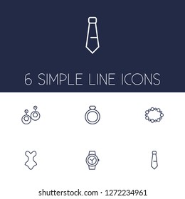 Set of 6 decorating icons line style set. Collection of ring, bracelet, swimsuit and other elements.