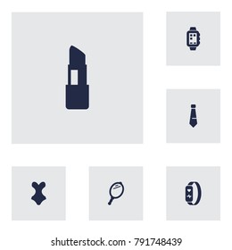 Set Of 6 Decorating Icons Set.Collection Of Necktie, Beachwear, Gadget And Other Elements.