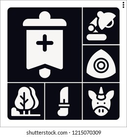 Set of 6 decoration filled icons such as banner, desk lamp, knife, tree, chalk