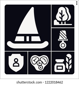 Set of 6 decoration filled icons such as heart, lollipop, ink, witch hat, tree