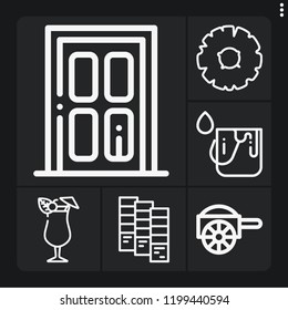 Set of 6 decoration outline icons such as carriage, door, paint, mai thai, pineapple