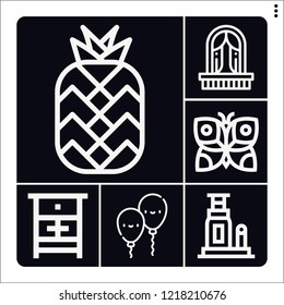 Set of 6 decoration outline icons such as pineapple, balcony, jack, balloon, chest of drawers