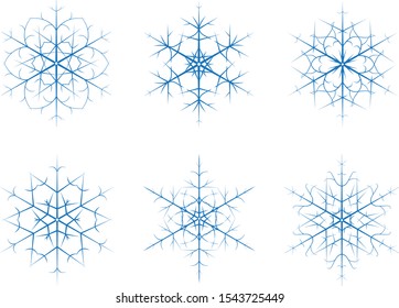 Set of 6 decorative blue snowflake silhouette icons isolated  on white background. Vector illustration