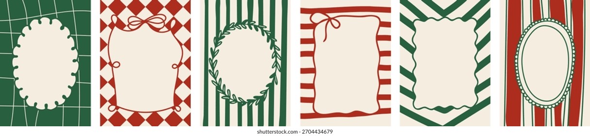Conjunto de 6 quadros decorativos de Natal em vermelho e verde com arcos, listras e padrões geométricos. Perfeito para cartões de férias, convites, cartazes e projetos de design festivos