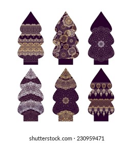 Set of 6  decorative ornamental vector Christmas trees on white background