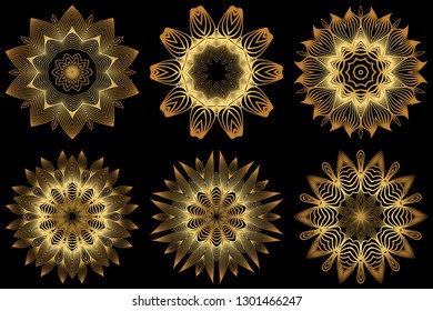 Set of 6 Decorative Round Lace Ornate Mandala. Vintage Vector Pattern For Print. Gold black color.