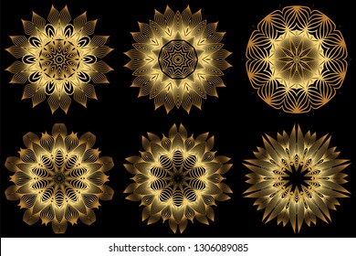 Set of 6 Decorative Round Lace Ornate Mandala. Vintage Vector Pattern For Print. Gold black color.
