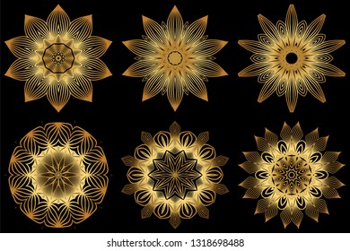 Set of 6 Decorative Round Lace Ornate Mandala. Vintage Vector Pattern For Print. Gold black color.