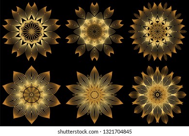 Set of 6 Decorative Round Lace Ornate Mandala. Vintage Vector Pattern For Print. Gold black color.
