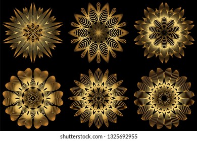 Set of 6 Decorative Round Lace Ornate Mandala. Vintage Vector Pattern For Print. Gold black color.