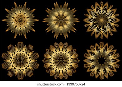Set of 6 Decorative Round Lace Ornate Mandala. Vintage Vector Pattern For Print. Gold black color.