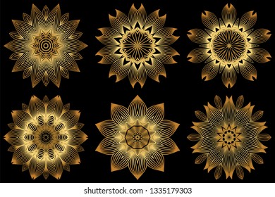 Set of 6 Decorative Round Lace Ornate Mandala. Vintage Vector Pattern For Print. Gold black color.