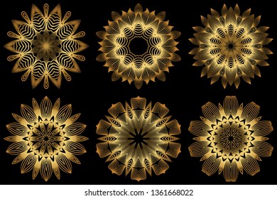 Set of 6 Decorative Round Lace Ornate Mandala. Vintage Vector Pattern For Print. Gold black color.