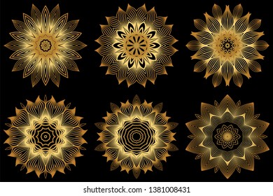 Set of 6 Decorative Round Lace Ornate Mandala. Vintage Vector Pattern For Print. Gold black color.