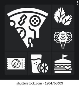 Set of 6 delicious filled icons such as spinach, pizza, basil, toffee, sandwich