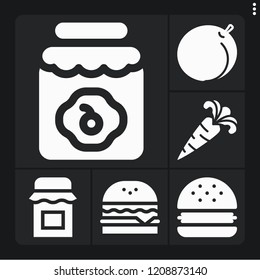 Set of 6 delicious filled icons such as peach, carrot, jam, hamburger