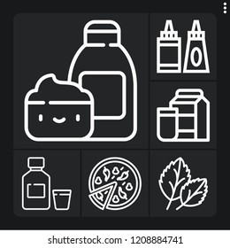 Set Of 6 Delicious Outline Icons Such As Basil, Pizza, Sauce, Syrup, Cream