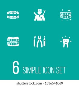 Set of 6 dental icons set. Collection of brace, equipments, denture and other elements.
