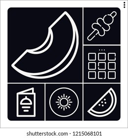Set of 6 dessert outline icons such as melon, kiwi, bite, menu