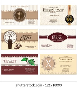 Set of 6 detailed business cards. For cafe and restaurant