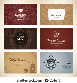 Set of 6 detailed business cards. For cafe and restaurant