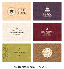 Set of 6 detailed business cards. For cafe and restaurant