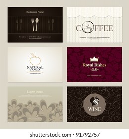 Set of 6 detailed business cards. For cafe and restaurant