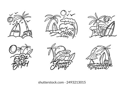 Set of 6 detailed hand-drawn icons showing beach and surfing elements, like palm trees, waves, and surfboards