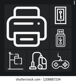 Set of 6 device outline icons such as gps, gamepad, pendrive, vacuum cleaner, printer