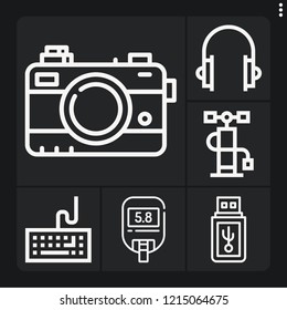 Set of 6 device outline icons such as pendrive, camera, air pump, keyboard, sugar blood level