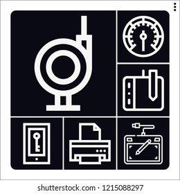 Set of 6 device outline icons such as drawing tablet, gauge, phone, printer
